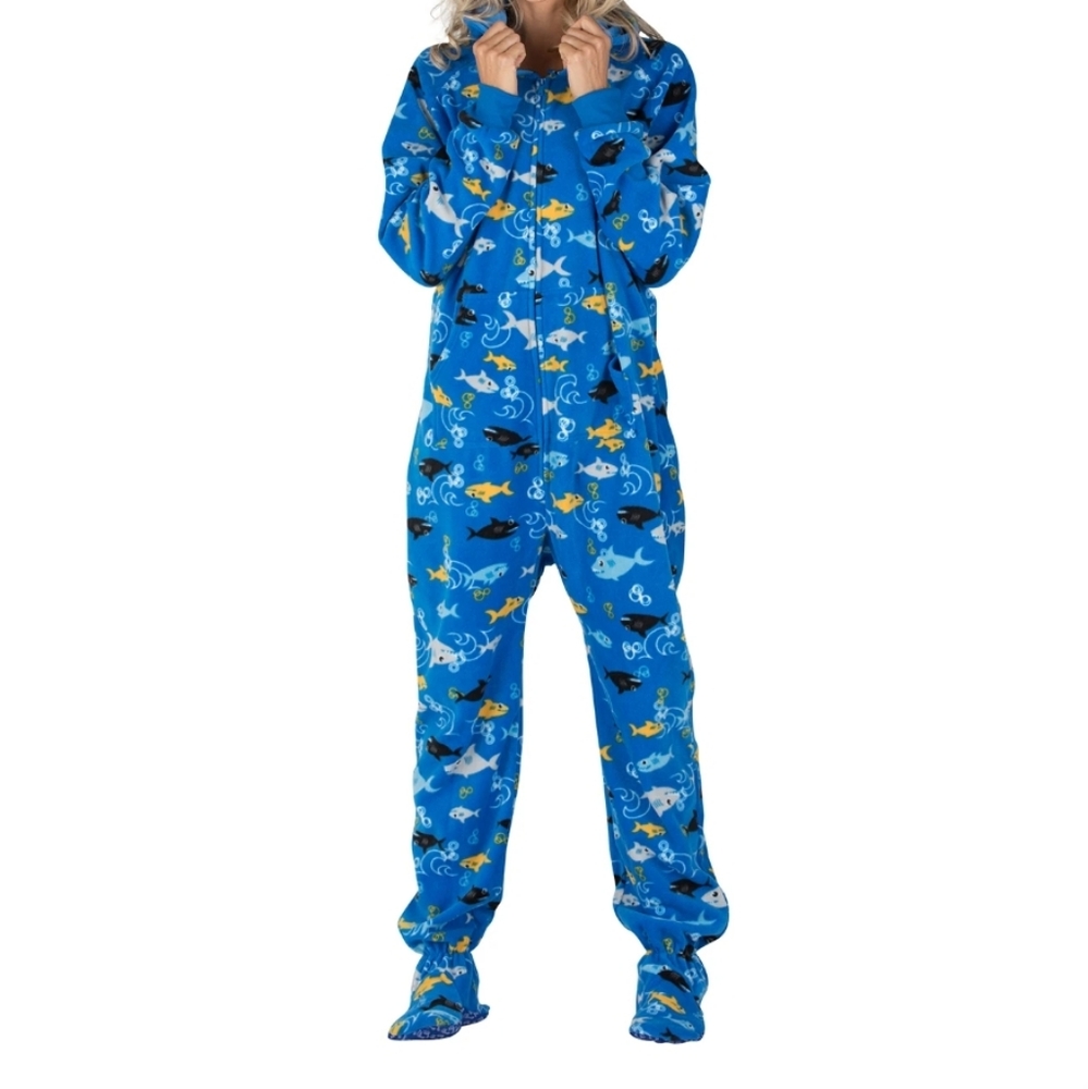 Adult Hoodie Pajama Fleece One-Piece Shark Frenzy